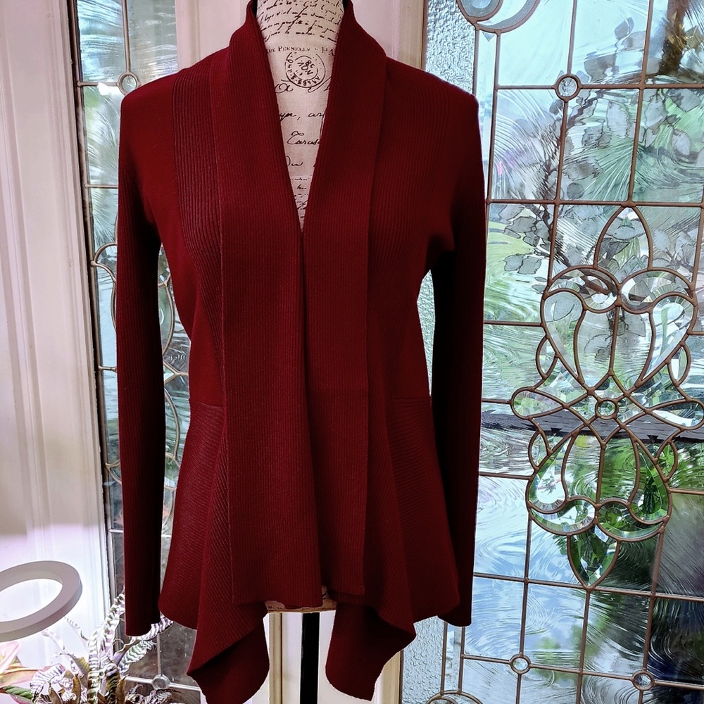 Spense Knits V-neck Burgundy Open Mixed-Knit Flowy Cardigan S